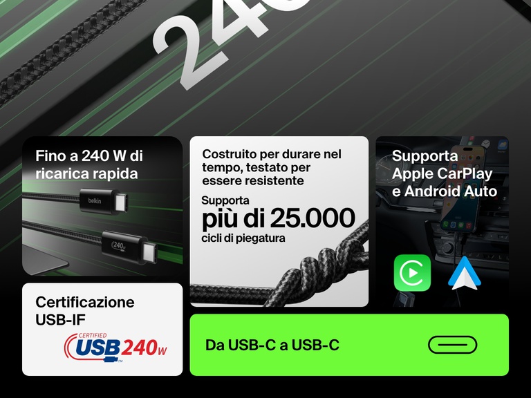 Infografica che sottolinea i vantaggi del cavo da USB-C a USB-C da 240 W Belkin BoostCharge: ricarica rapida fino a 240 W, resistenza a più di 25.000 piegamenti, supporto di Apple CarPlay e Android Auto e certificazione USB-IF.