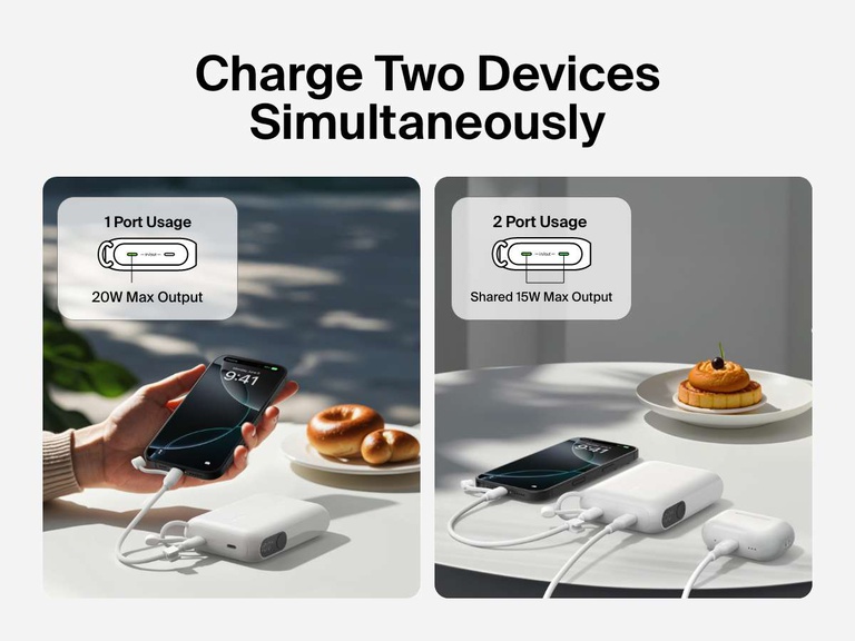 Comparación visual del Belkin BoostCharge Power Bank 10K con pantalla, que carga un dispositivo a 20 W o dos dispositivos simultáneamente con una salida compartida de 15 W, mostrando cómo alimenta un teléfono inteligente y unos auriculares inalámbricos sobre una mesa.