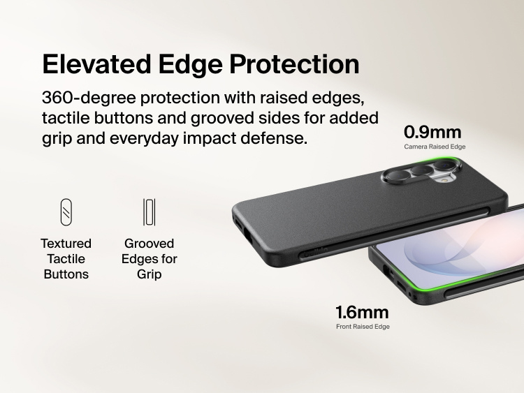 Belkin SheerForce Protect Series Case for Samsung Galaxy S26 featuring elevated edge protection with raised camera and screen edges, tactile buttons, and grooved sides for enhanced grip and everyday impact defense.