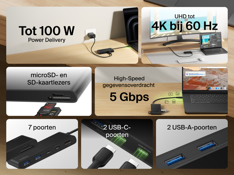 Belkin Connect 7-Port USB-C Hub with Dual USB-C Ports featuring 100W power delivery, 4K HDMI, SD and microSD slots, 5Gbps transfer speed, and multiple USB-C and USB-A ports.