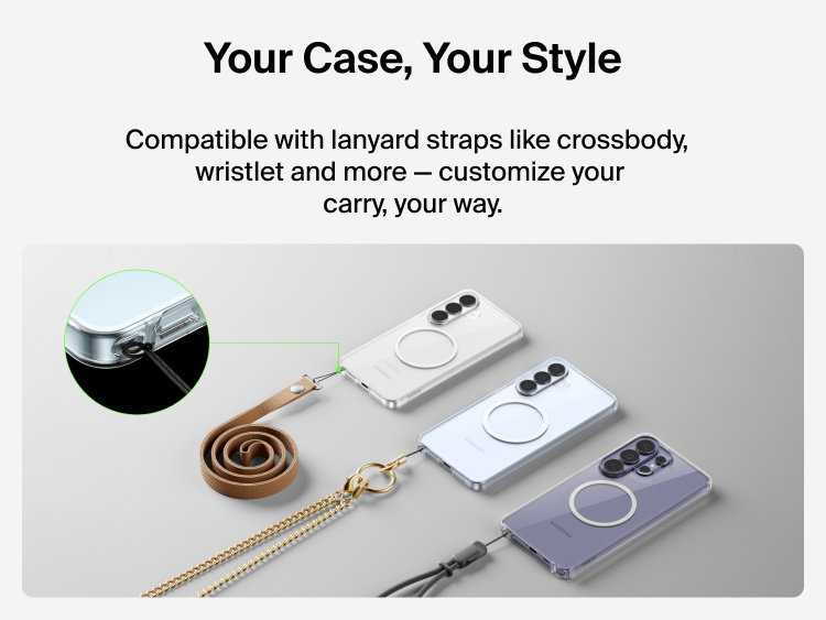 Belkin SheerForce Clear Series Case for Samsung Galaxy S26 shown with lanyard attachment point, compatible with crossbody and wristlet straps for customizable, hands-free phone carry.