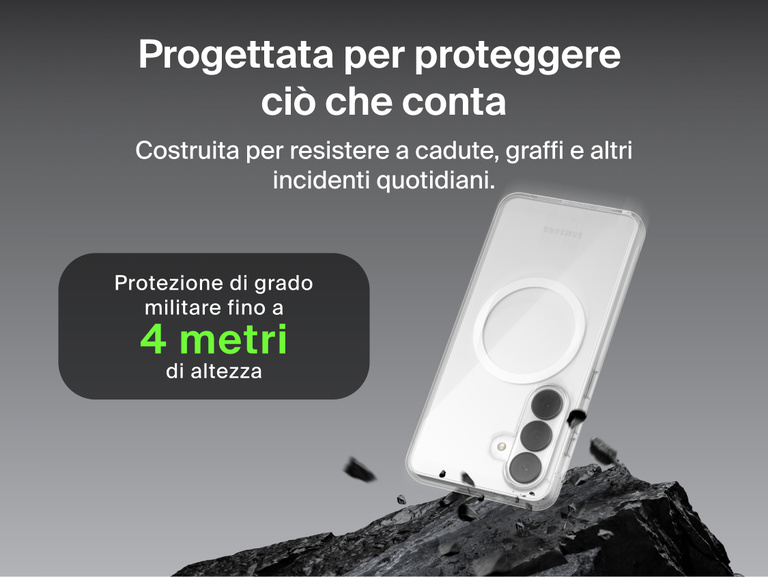 Belkin SheerForce Clear Series Case for Samsung Galaxy S26 shown protecting a phone during impact, highlighting slim design with 13 ft / 4 m military-grade drop protection and built-in Qi2 wireless charging support.