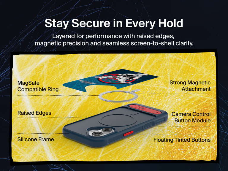 Belkin SheerForce Spider-Man Magnetic Protective Case with Kickstand for iPhone highlighting MagSafe compatibility, raised edges, magnetic attachment, and protective design.