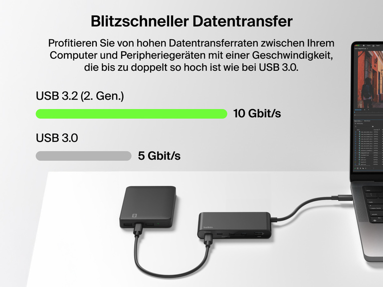 Belkin Connect 5-Port USB-C Hub with 4K HDMI enables lightning-fast USB 3.2 Gen 2 data transfer up to 10Gbps for MacBook.