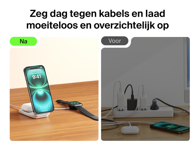 De Belkin UltraCharge 2-in-1 uitklapbare magnetische lader met Qi2 25W biedt een stijlvolle oplossing om een iPhone, AirPods en een Apple Watch draadloos op te laden zonder rommelige snoeren.