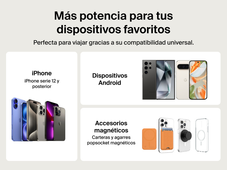 Belkin BoostCharge Slim Magnetic Power Bank 5K shown compatible with Android devices, iPhone series 12 and later, and magnetic accessories like wallets and PopSockets for universal travel-ready charging.