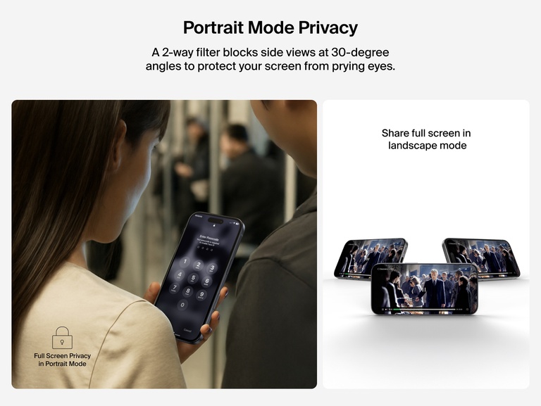 Belkin ScreenForce InvisiGlass Privacy Screen Protector provides 2-way portrait mode privacy with 30-degree side-view blocking.
