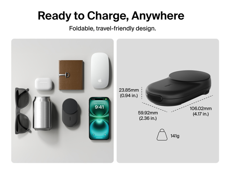 Belkin UltraCharge 2-in-1 Foldable Magnetic Charger with Qi2 25W shown in compact, travel-friendly design weighing 162g with dimensions ideal for on-the-go charging.