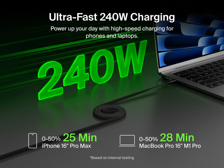 Belkin BoostCharge Pro Magnetic USB-C Cable 240W delivering ultra-fast charging for phones and laptops, shown powering a laptop with up to 240W high-speed performance.