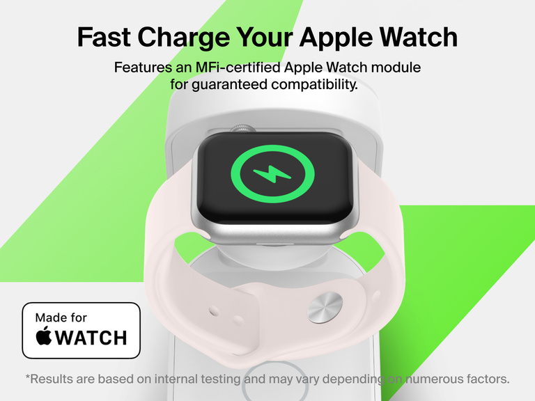Belkin UltraCharge 3-in-1 Foldable Magnetic Charger with Qi2 25W fast charges Apple Watch Series 10 to 80% in 30 minutes using an MFi-certified charging module.