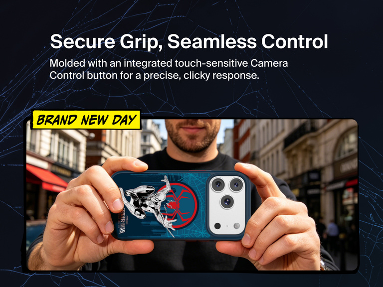 Belkin SheerForce Clear Spider-Man MagSafe-compatible iPhone case with strong magnetic attachment for secure wireless charging and accessories.