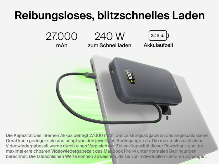 UltraCharge Pro Laptop Power Bank 27K delivering high-speed 240W charging via integrated USB-C cable while powering a laptop with digital battery display