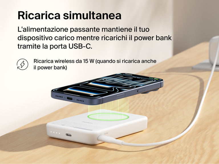 Slim Magnetic Power Bank 10K with Qi2 wirelessly charging smartphone while recharging via USB-C pass-through connection
