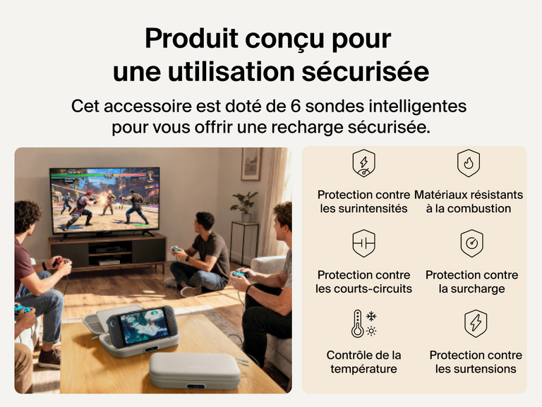 Belkin Gaming Charging Case Pro for Nintendo Switch 2 shown in a living room setup highlighting engineered safety features including temperature monitoring, overvoltage protection, overload detection, and fire-resistant materials.