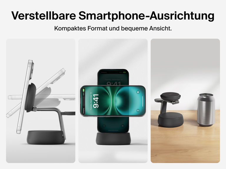 Die Belkin UltraCharge Pro magnetische 3-in-1-Ladestation mit Qi2 25W hat eine kompakte, platzsparende Grundfläche und der Blickwinkel für das iPhone lässt sich zur optimalen Ansicht verstellen.