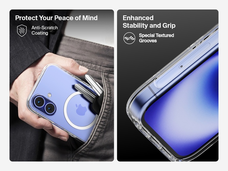 A dual-image showcase of the SheerForce™ Magnetic iPhone Case's key protective features. The left image highlights the anti-scratch coating, showing the case protecting an iPhone from keys in a pocket. The right image focuses on the enhanced stability and grip, featuring special textured grooves that improve handling and reduce the risk of slipping.