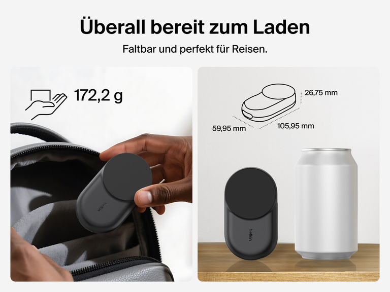 Dank Ihres kompakten Formats und leichten Gewichts von 190 g lässt sich die Belkin UltraCharge faltbare magnetische 3-in-1-Ladestation mit Qi2 25W bequem transportieren.