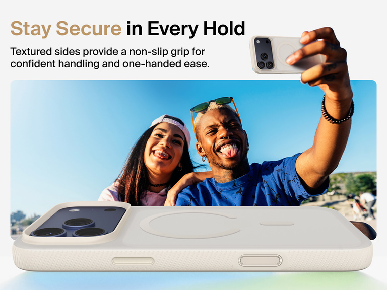 Belkin SheerForce Grip Series Case for iPhone 17 with military-grade drop protection and textured non-slip grip.