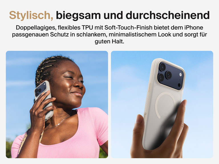 Belkin SheerForce Grip Series Case for iPhone 17 with slim translucent design and soft-touch finish for a comfortable grip.