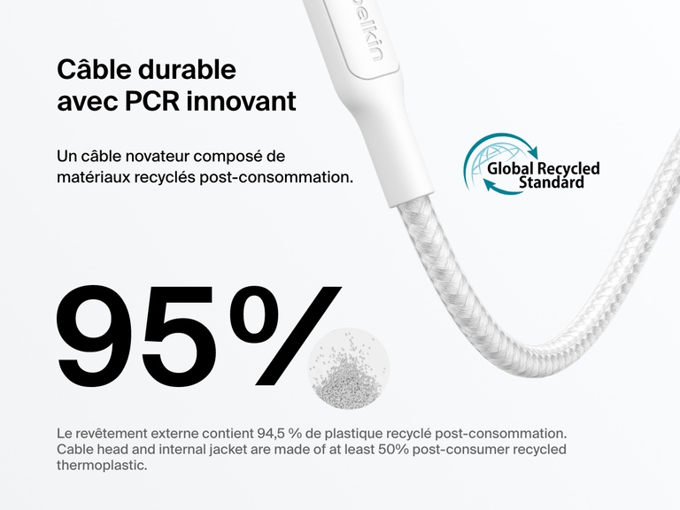 Belkin BoostCharge Pro USB-C to USB-C Braided Cable 240W shown with sustainability callouts highlighting 95% recycled materials and Global Recycled Standard certification.