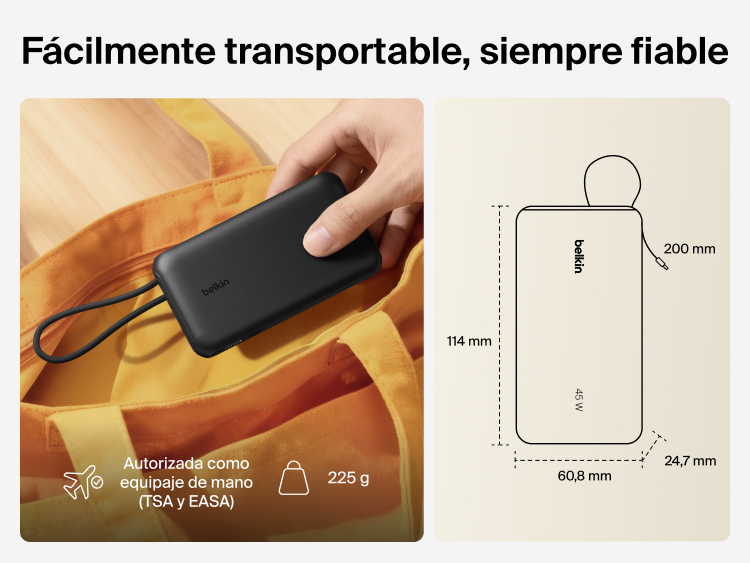 Belkin UltraCharge 10K power bank with integrated USB-C cable and digital display shown as a lightweight, TSA carry-on approved portable charger for everyday travel