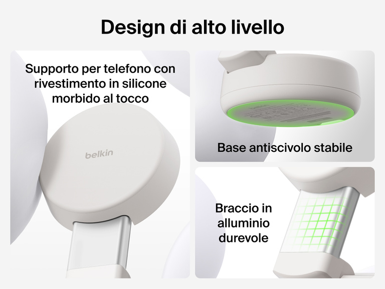 Il caricabatteria magnetico convertibile 2 in 1 con Qi2 25W Belkin UltraCharge Pro &egrave; dotato di un supporto per telefono con rivestimento in silicone morbido, un braccio durevole in alluminio e una base antiscivolo stabile per offrire un'esperienza di ricarica di alta qualit&agrave;.
