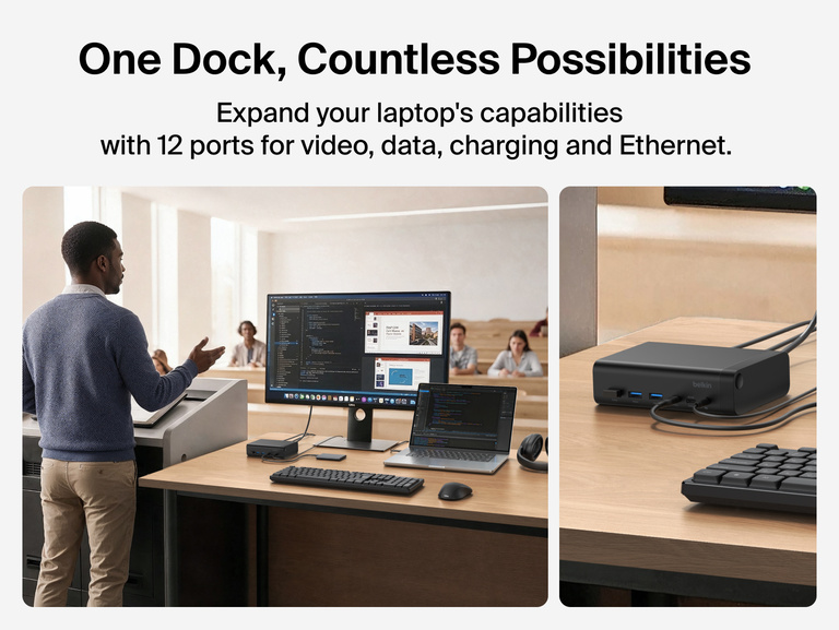 Connect 12-Port Dual Display USB-C Dock connected to a laptop and monitor at a lecture podium, illustrating 12 ports for video, data, charging, and Ethernet
