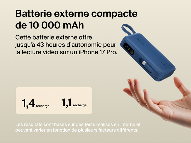 Belkin UltraCharge 10K power bank with integrated USB-C cable and digital display, delivering up to 45W fast charging and extended battery life for smartphones
