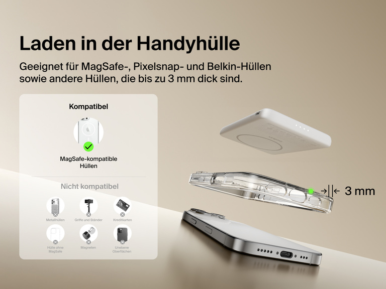 Belkin BoostCharge Slim Magnetic Power Bank 5K shown aligning with a smartphone and MagSafe-compatible case, demonstrating wireless charging through cases up to 3mm thick.