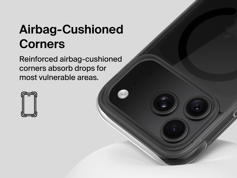 Belkin Protect+ Series Case for iPhone 18 features reinforced airbag-cushioned corners designed to absorb impacts and protect vulnerable areas during drops.