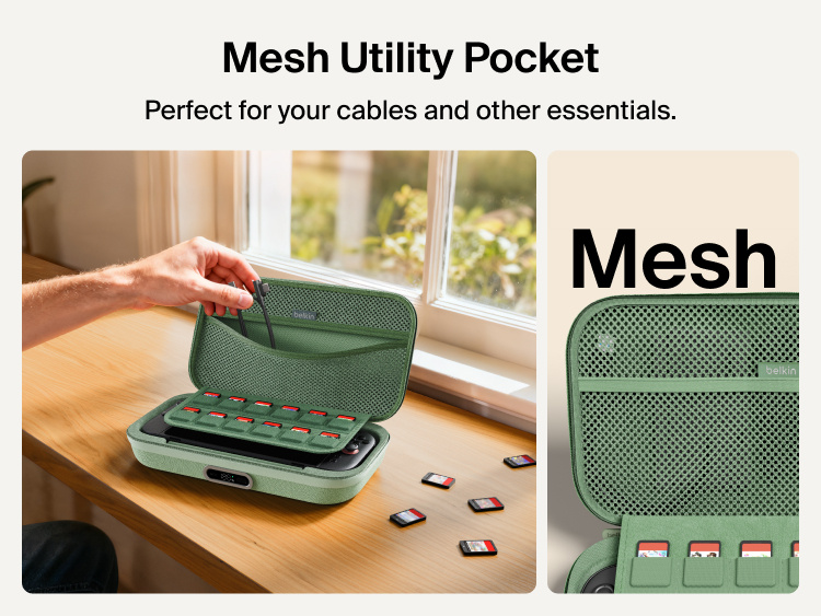 Belkin Gaming Charging Case Pro for Nintendo Switch 2 shown with mesh utility pocket for storing charging cables, accessories, and gaming essentials.