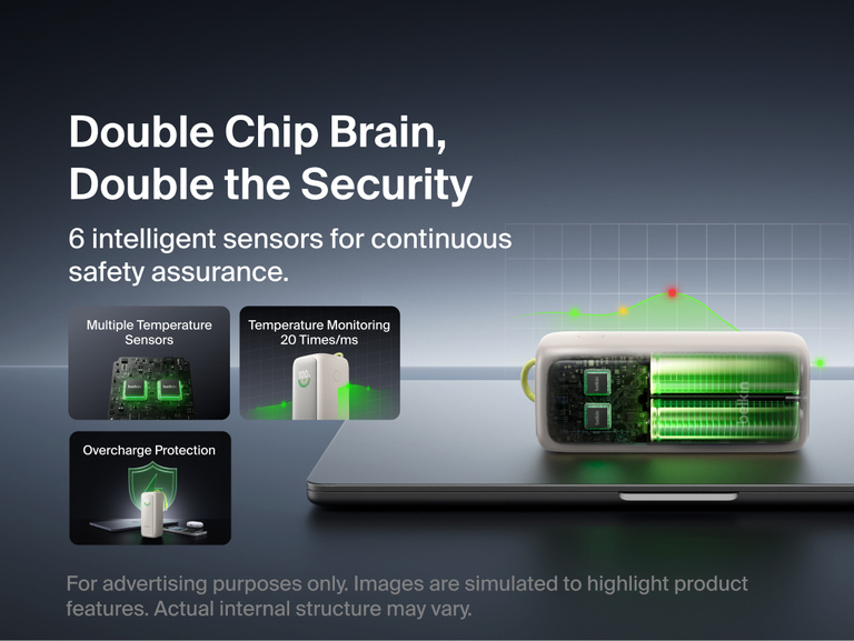 UltraCharge Power Bank 22K with Retractable Cable shown disassembled on a laptop to reveal its dual-chip internal design, illustrating temperature sensors, continuous temperature monitoring, and overcharge protection