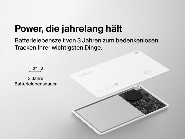 Die Belkin SureFind Karte mit Bluetooth Tracker hat eine 3-j&auml;hrige Herstellergarantie, was in einer Explosionsansicht mit internen Komponenten gezeigt wird.