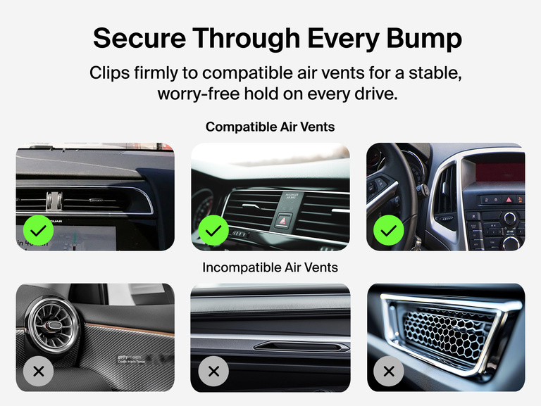 Belkin UltraCharge Magnetic Wireless Charging Car Vent Mount with Qi2.2 25W compatibility guide showing supported horizontal and vertical slatted air vents and unsupported round, narrow and mesh-style vents.