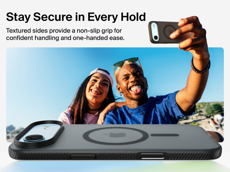 Belkin SheerForce Grip Series Case for iPhone 17 with military-grade drop protection and textured non-slip grip.