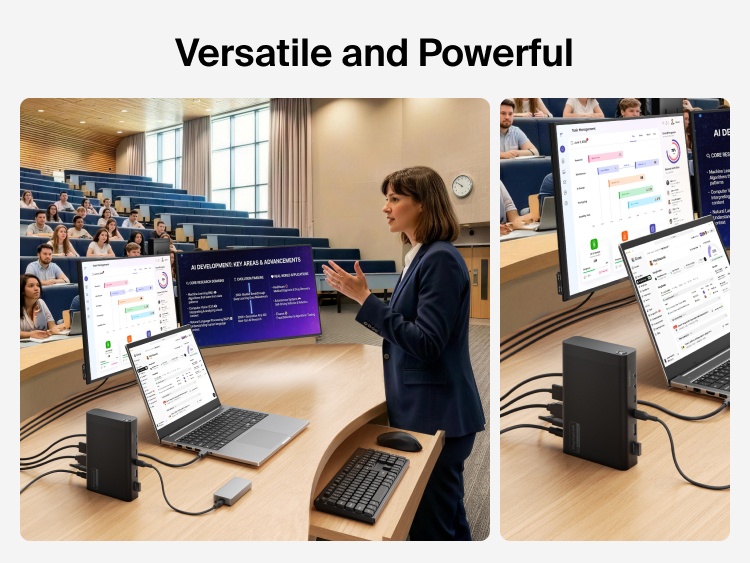 Universal 14-Port Dual Display USB-C Dock used in a presentation or office setup connecting displays and accessories