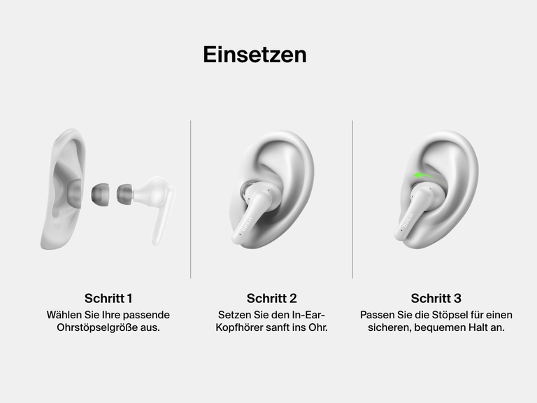 Abbildung, auf der gezeigt wird, wie man die Belkin SoundForm Rhythm ANC In-Ear-Kopfhörer in drei Schritten einsetzt: die richtige Ohrstöpselgröße auswählen, die Ohrhörer einsetzen und für einen sicheren, bequemen Sitz anpassen.