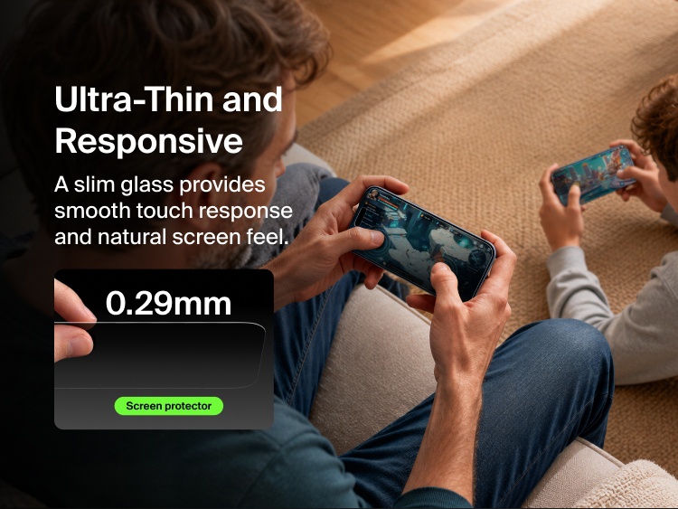 Belkin Titan SmartShield Bright Privacy Screen Protector features ultra-thin 0.29 mm glass for smooth touch response and a natural iPhone 17 screen feel.