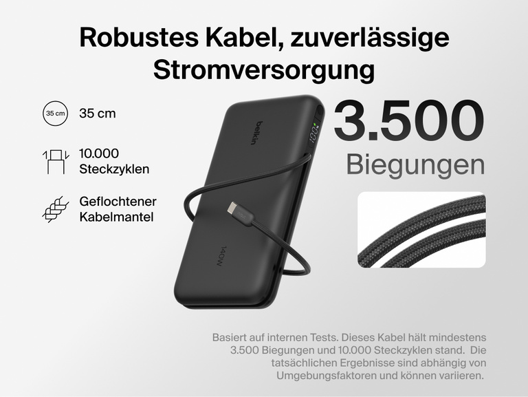 Belkin UltraCharge Pro Laptop Power Bank 25K with durable braided USB-C cable, designed for 3,500 bends and 10,000 plug-ins, delivering reliable high-power charging