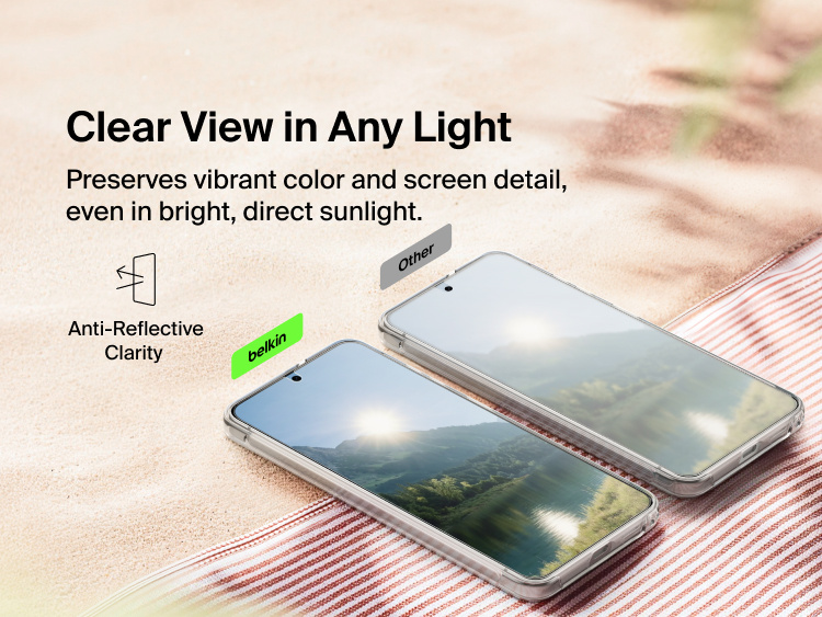 Belkin SheerForce Titan Protective Bundle for Samsung Galaxy S26 demonstrating anti-reflective screen protector clarity for vibrant color and enhanced visibility in bright, direct sunlight.