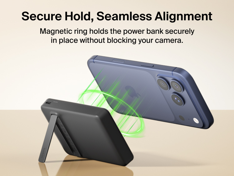 Slim Magnetic Power Bank 10K with Qi2 wirelessly charging smartphone on kickstand with power output indicators