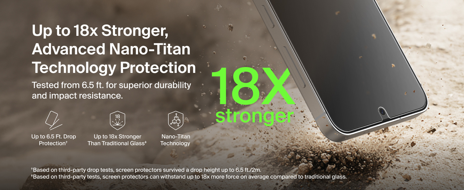 Nano-Titan screen protection with up to 18 times the strength of traditional glass and tested drop protection up to 2 metres