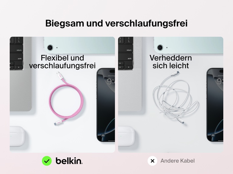 Ein Belkin BoostCharge USB C auf USB C Kabel (60 W) wird zum Vergleich neben einem Standardkabel gezeigt. Es verheddert sich nicht so leicht und ist weich und flexibel.