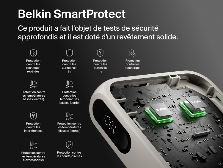 Belkin UltraCharge 10K power bank with integrated USB-C cable and digital display featuring SmartProtect safety system with multiple protection layers for reliable charging