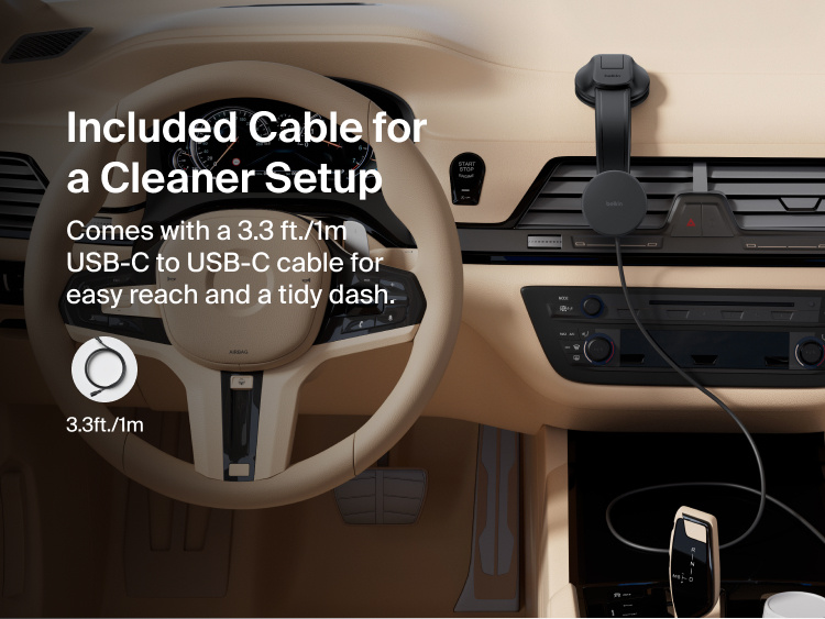 Belkin BoostCharge Magnetic Wireless Charging Car Vent Mount shown installed on a vehicle dash with the included USB-C to USB-C cable for a clean, organized setup.