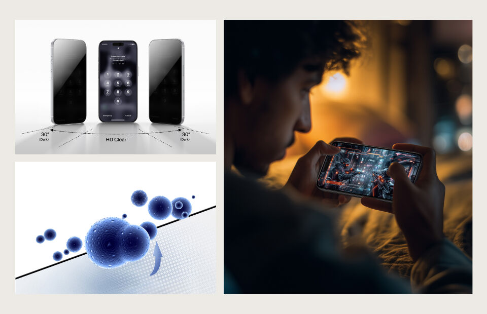 Collage showing privacy screen protector effects, antimicrobial protection, and gaming use. Top left: phone display visible only when viewed straight on, darkened at 30° angles. Bottom left: blue antimicrobial molecules repelling from phone screen surface. Right: person playing a video game on smartphone in dimly lit room.