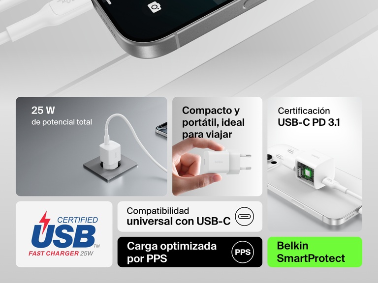 Infographic highlighting key features of the Belkin BoostCharge USB-C Wall Charger 25W, including 25W power output, USB-C PD 3.1 certification, compact design, PPS optimized charging, and SmartProtect technology.