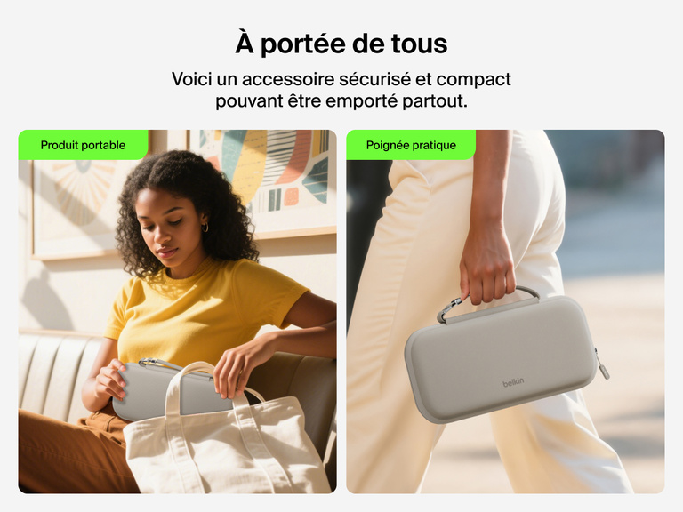 Image d'un socle de recharge 3-en-1 aimanté et compacte Belkin BoostCharge rechargeant des AirPods sans fil et qui met en avant sa compatibilité avec tous les modèles des AirPods et AirPods Pro.