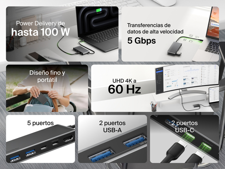 Belkin Connect 5-Port USB-C Hub with Dual USB-C Ports featuring 4K@60Hz display, 100W power delivery, 5Gbps data transfer, 2 USB-C and 2 USB-A ports, in a slim and portable design.