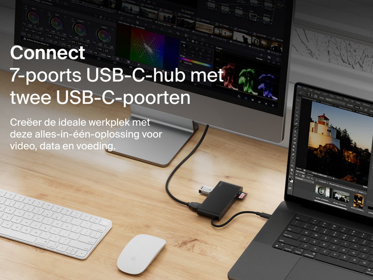 Belkin Connect 7-Port USB-C Hub with Dual USB-C Ports connected to a laptop and monitor on a desk setup.